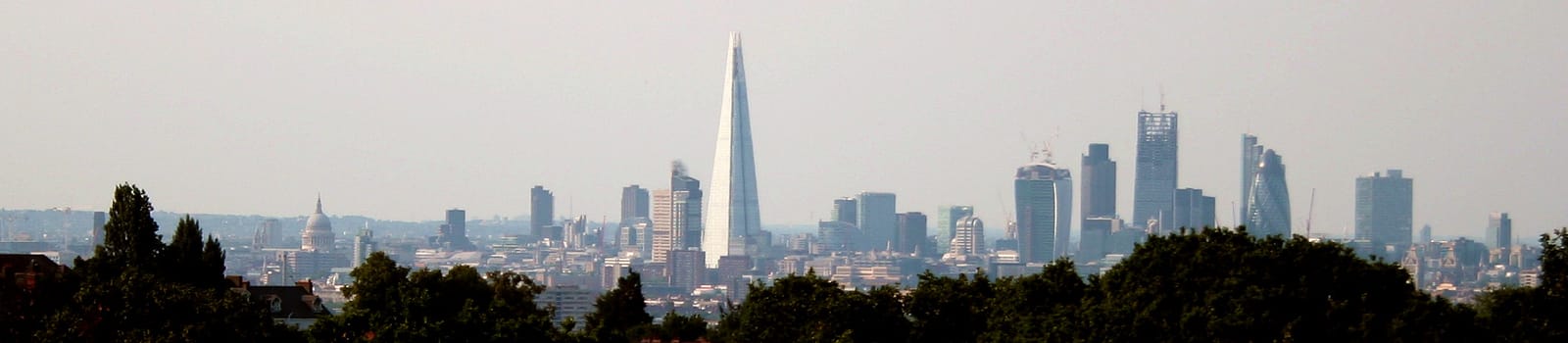 Panoramic view of the London skyline from the Horniman gardens.