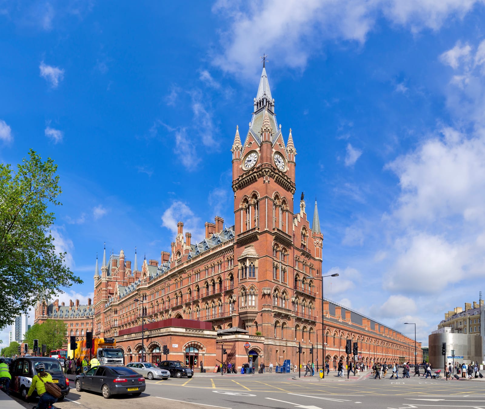 St Pancras station's Victorian train shed and clock tower.